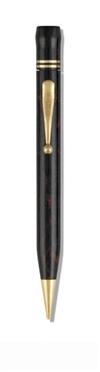 Two celluloid mechanical pencils, the first burgundy and black with two gold-filled bands at top, the second, pearl and black with no c